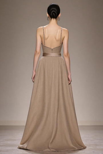 Coffee Satin A Line Long Evening Dress with Belt